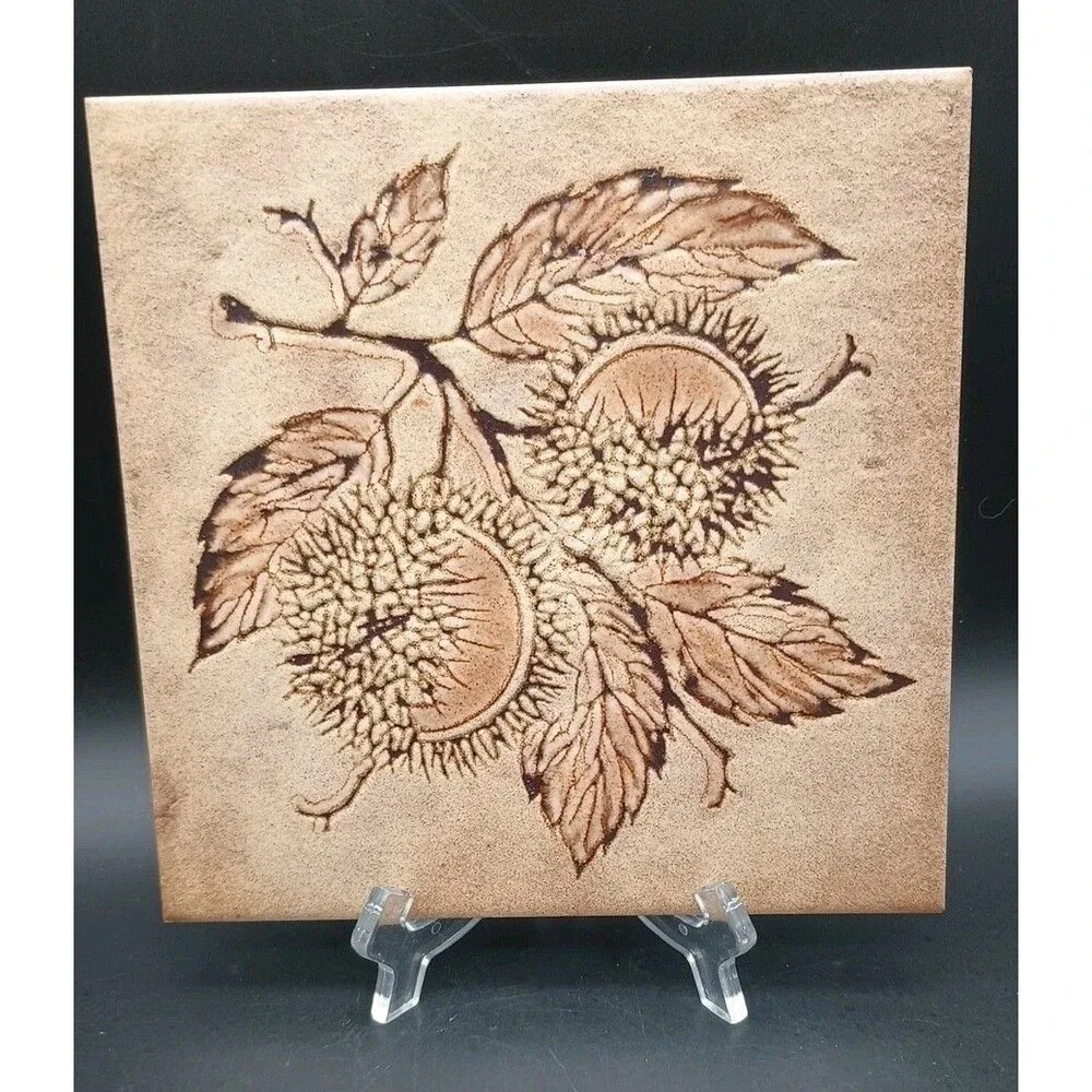 Vtg Sassuolo Tile MCM Brown Chestnuts Leaves Branch Made In Italy 8